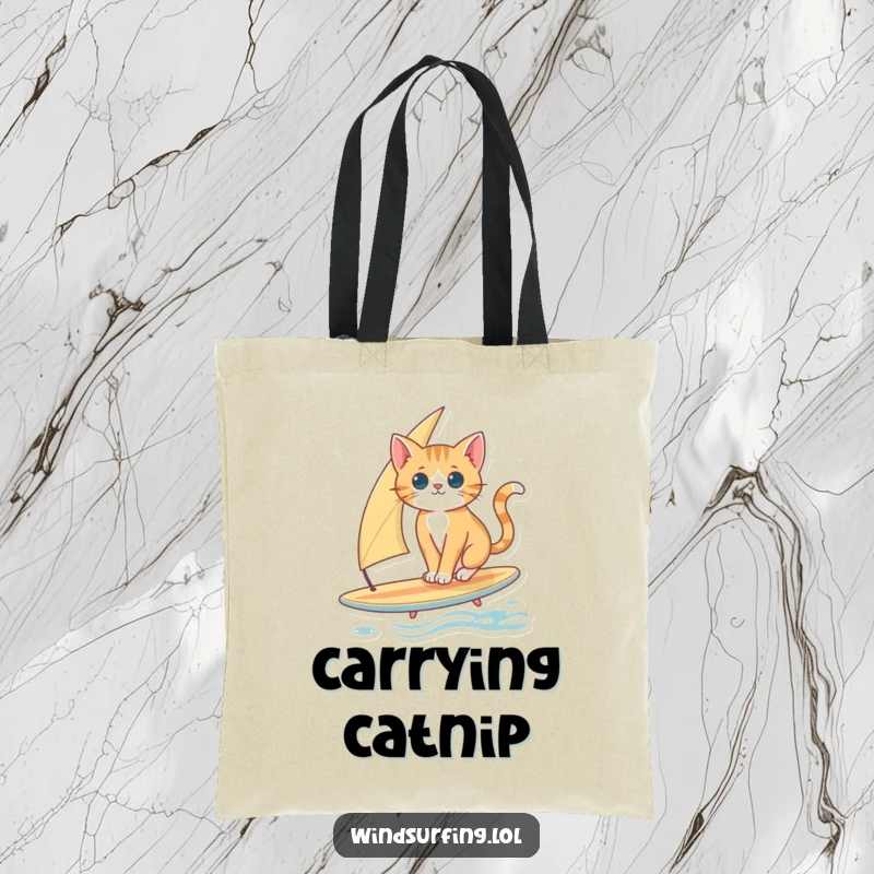 Funny Cat Surfing Tote Bag: A curious cat balances on a surfboard with a sail, a funny and functional carry-all.