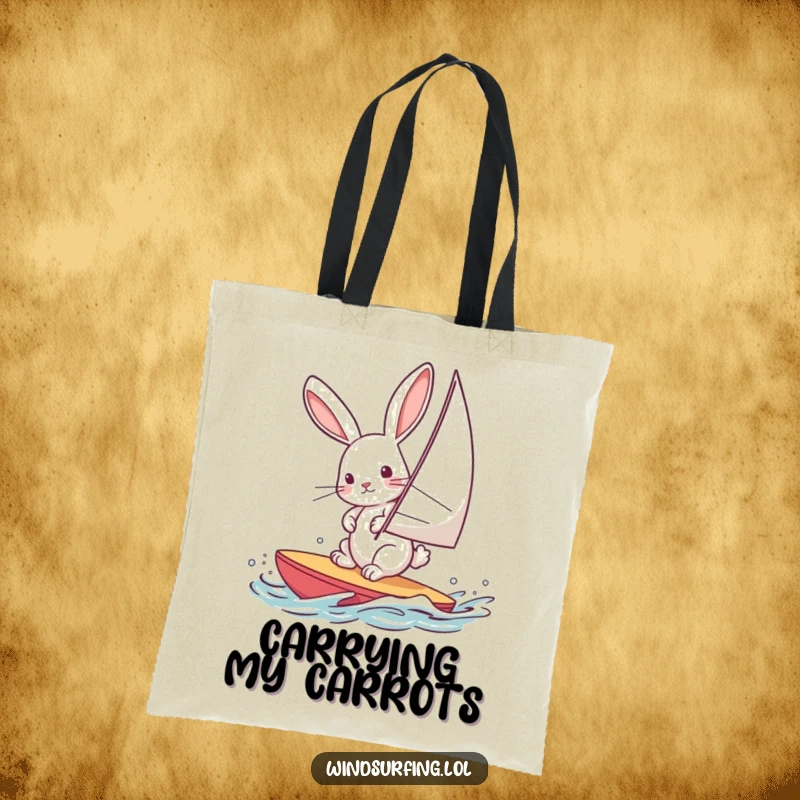 Funny tote bag showcasing a curious rabbit windsurfing, leaning into the wind, a stylish and humorous accessory.