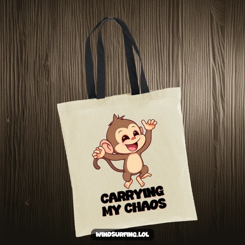 Funny tote bag showing a mischievous monkey leaning playfully into a strong gust of wind, great for carrying daily items.
