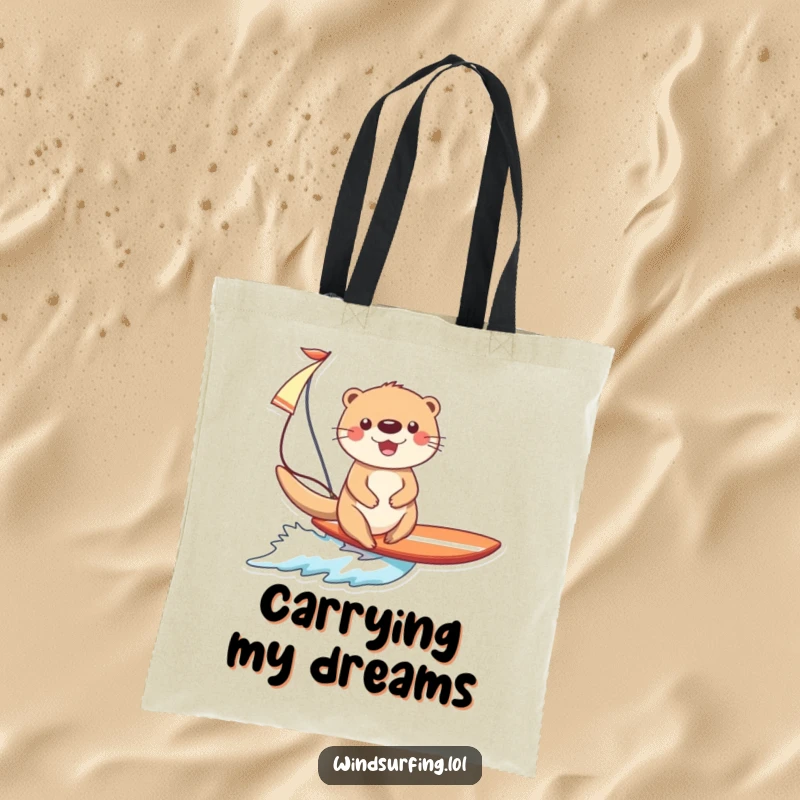 Funny Otter Surfing Tote Bag: A cheerful otter rides a surfboard under a sail, a perfect blend of adventure and humor.