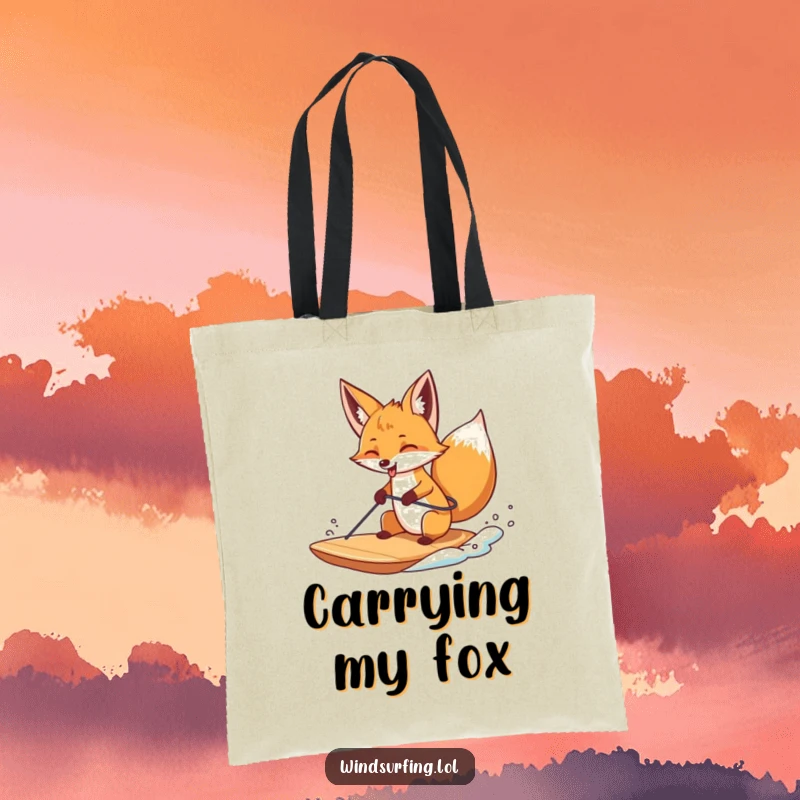Funny tote bag showing a curious fox windsurfing with its tongue sticking out playfully, embodying adventurous fun.