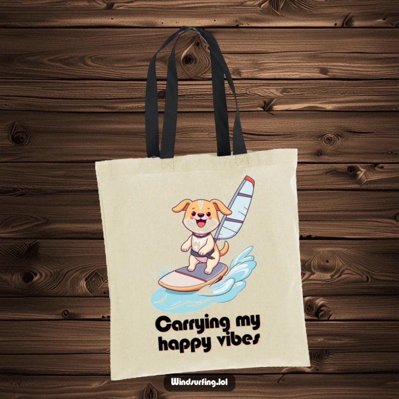 Funny Tote Bag: A happy dog windsurfing, catching air with a smile, perfect for carrying essentials with canine joy, a practical funny gift.
