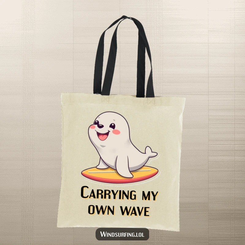 Funny tote bag showcasing a happy seal with a huge smile gliding on a surfboard, perfect for carrying essentials with playful style.