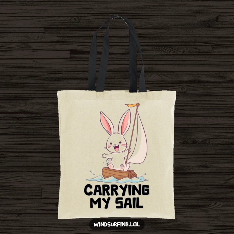 Funny Bunny Tote Bag with a joyful bunny struggling to control a large sail. A practical and humorous accessory for carrying everyday items.
