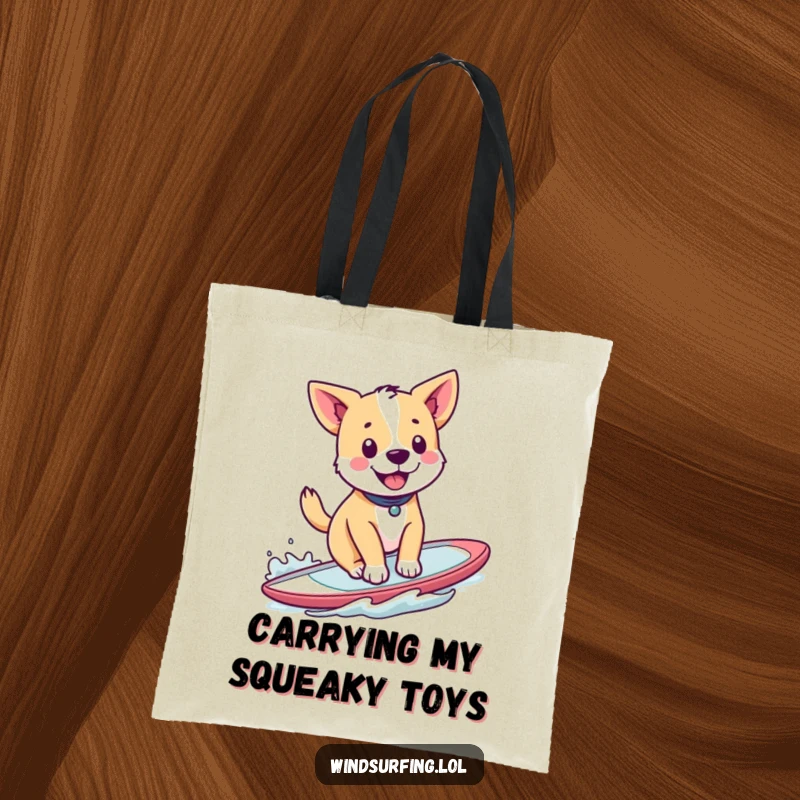 Funny tote bag showcasing a happy dog windsurfing with a wagging tail, a stylish and humorous accessory.