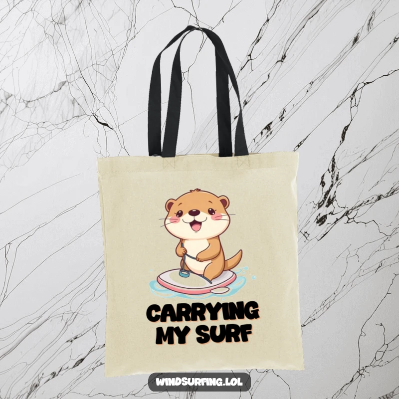 Funny Tote Bag: A joyful otter windsurfing on a tiny board, symbolizing playful adventure and water fun.