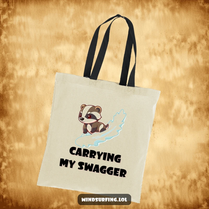 Funny badger tote bag showing a brave badger riding a surfboard wave smoothly, perfect for beach trips and carrying essentials.