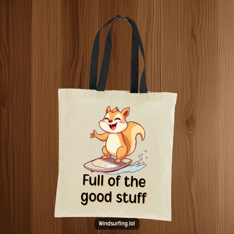 Funny Tote Bag: A giggling squirrel poses triumphantly on a windsurfing board, a funny accessory for your items.