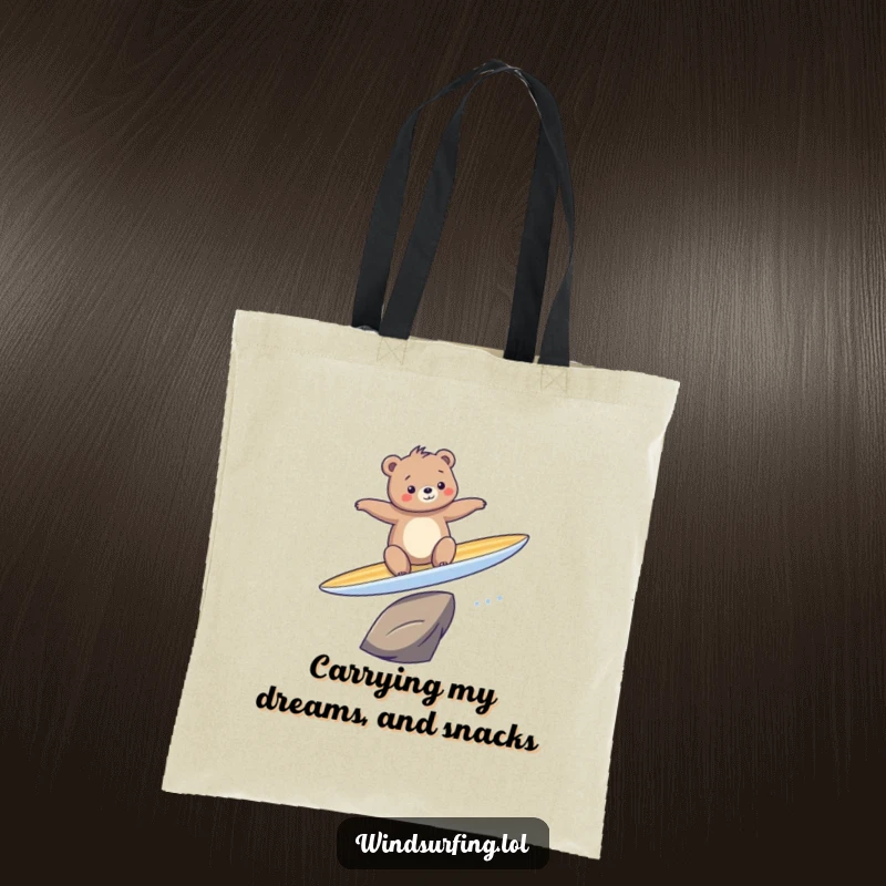 Funny tote bag showcasing a bear comically losing balance on a surfboard, a perfect blend of humor and practicality.