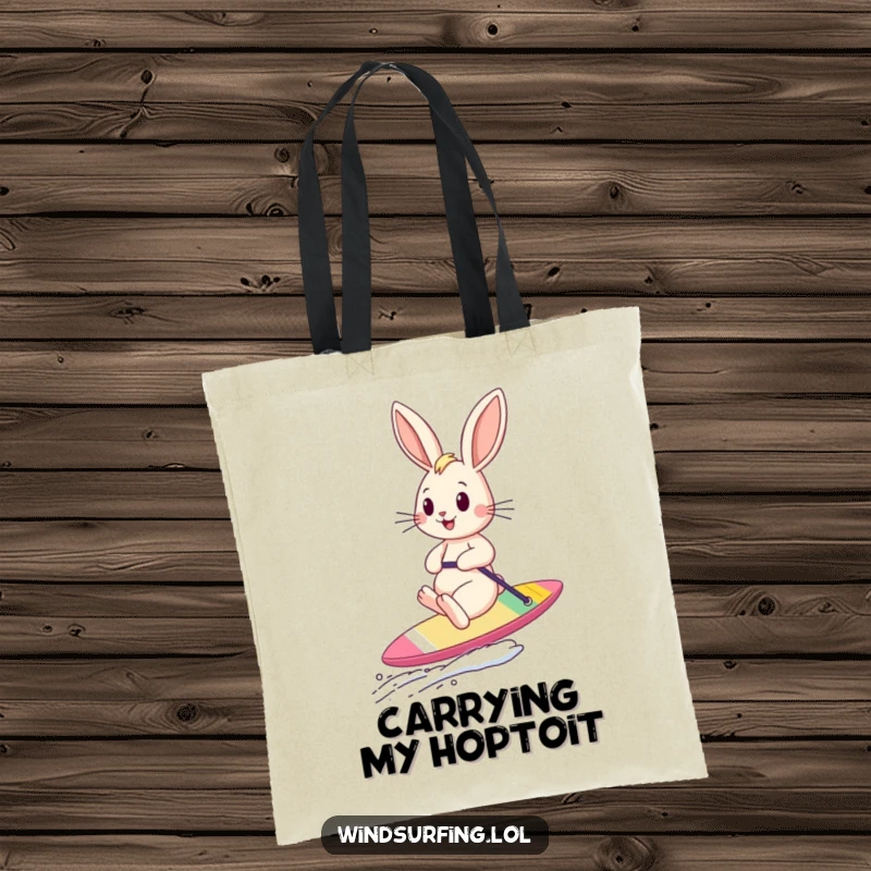 Funny bouncing bunny sailboarding with ears streaming in the wind on a sturdy tote bag, ready for any adventure.