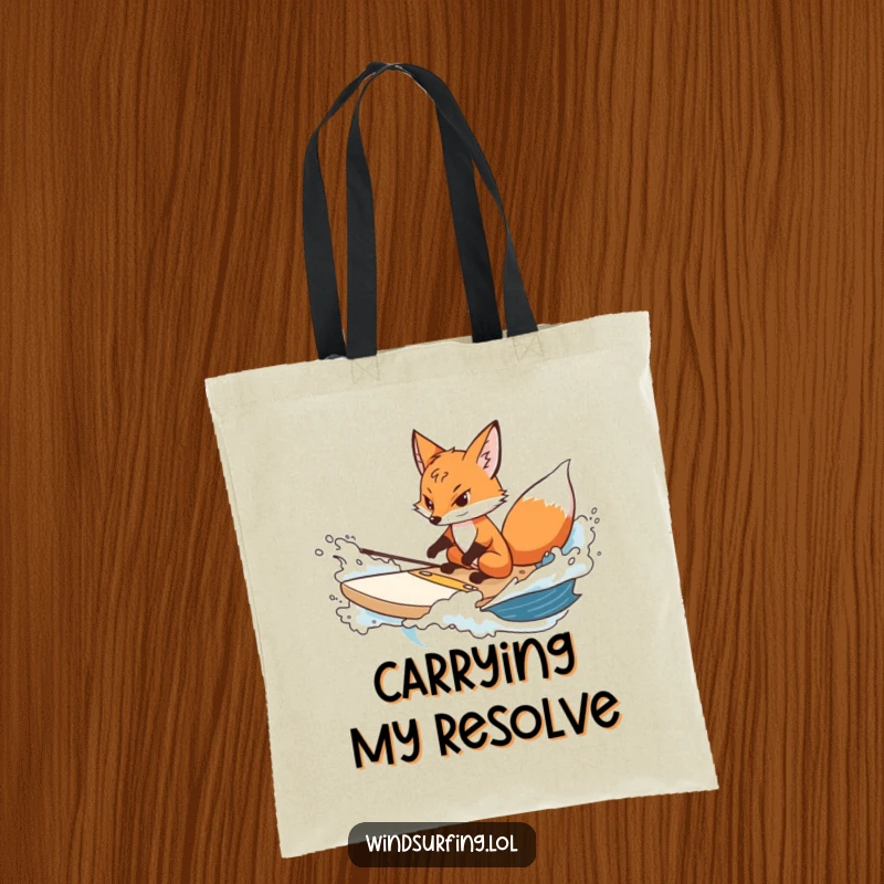Funny fox tote bag with a determined fox steering a surfboard through choppy water, ideal for carrying essentials.