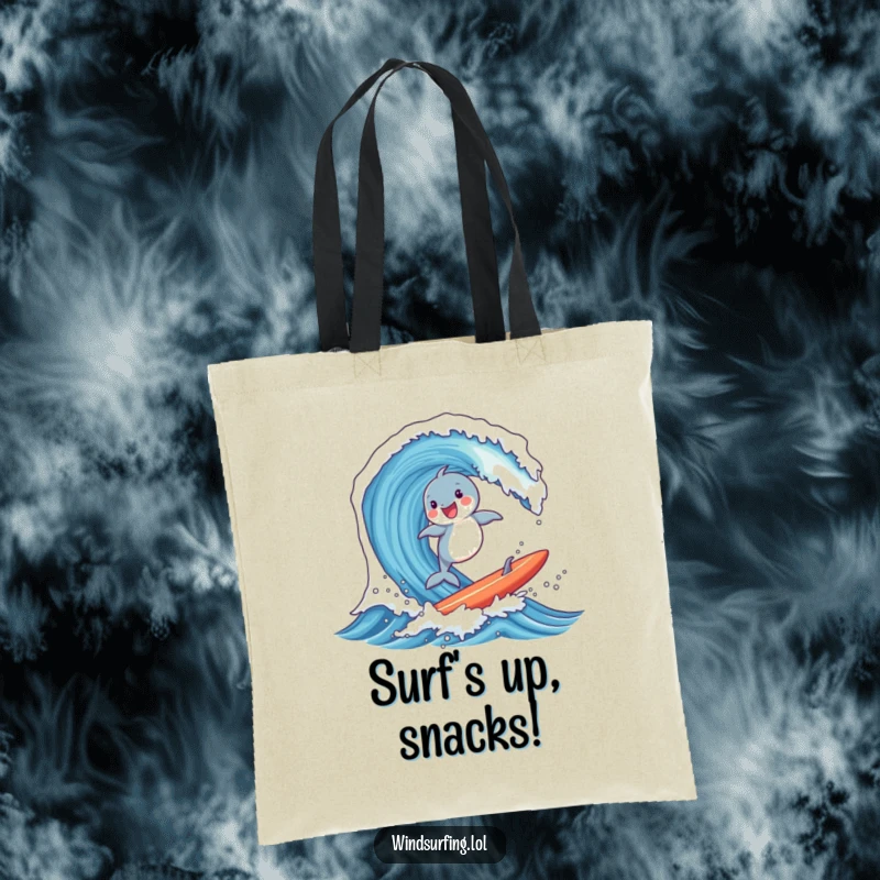Funny tote bag featuring a joyful dolphin surfing a massive wave, ideal for beach trips and carrying ocean-themed essentials.
