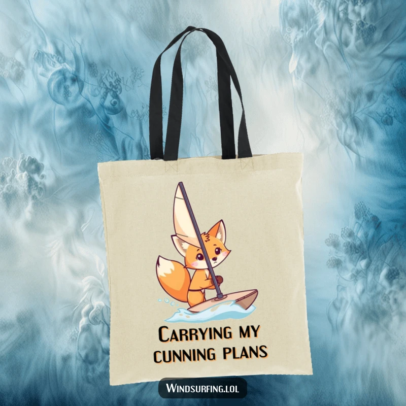 Funny Tote Bag: A curious fox peeks from behind a windsurfing sail, a humorous and intriguing design for everyday use.
