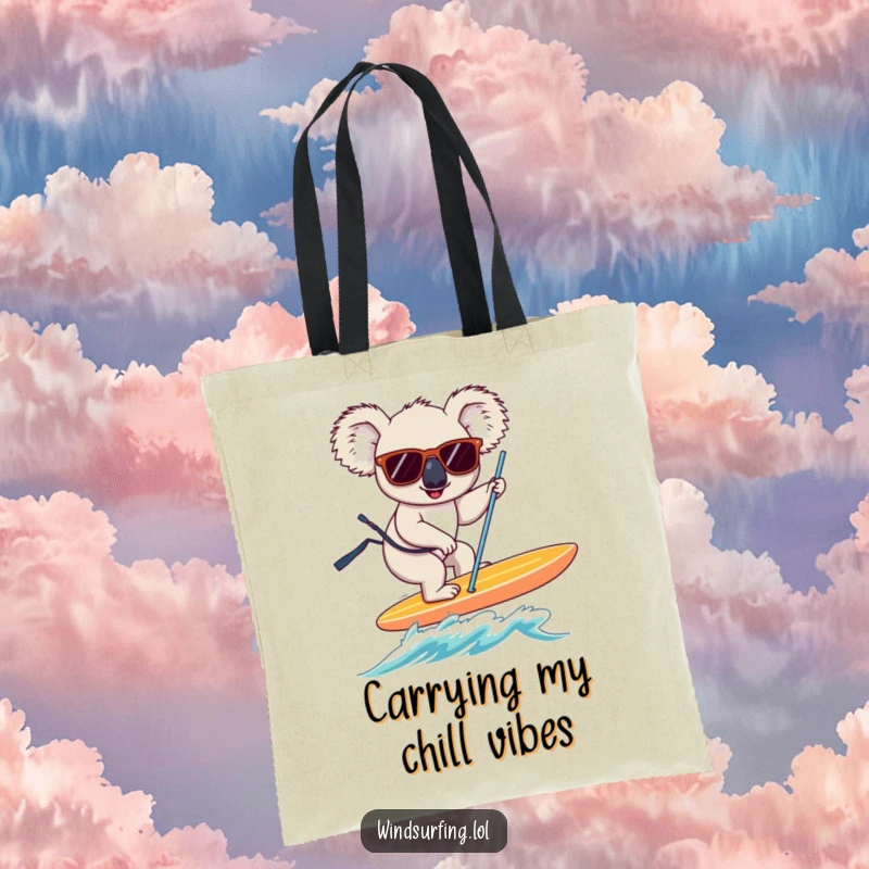 Funny koala sporting sunglasses, expertly balancing on a windsurfing board, a humorous tote bag design.