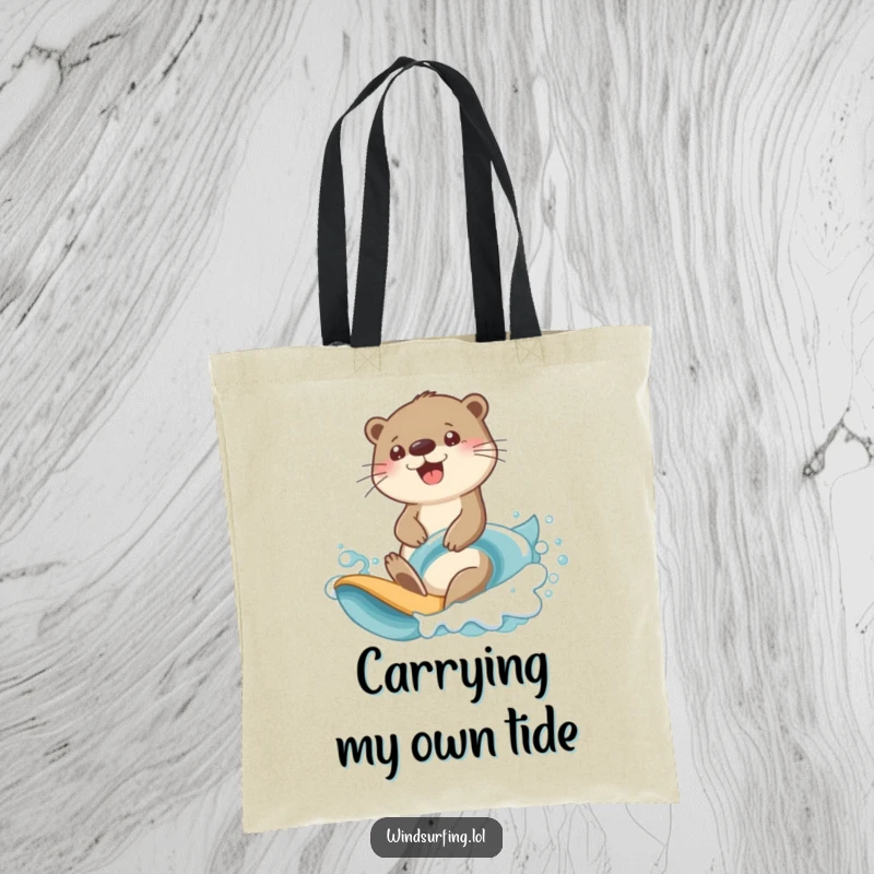 Funny otter wave rider tote bag showcasing a cheerful otter with a determined look riding a large ocean wave.