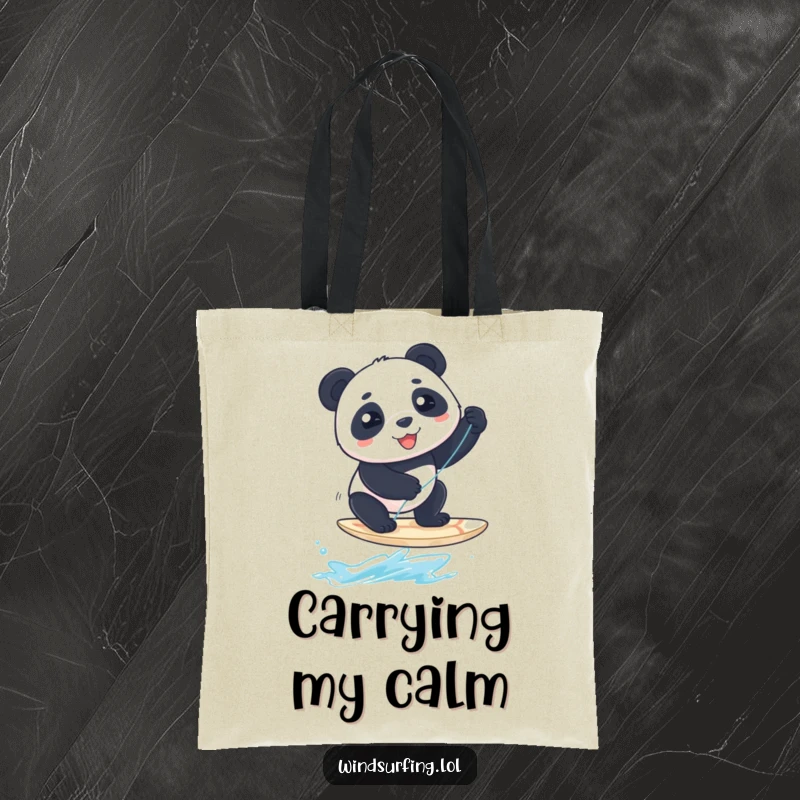 Funny Tote Bag: A happy panda attempts to windsurf, a funny scene for carrying your belongings with a smile.