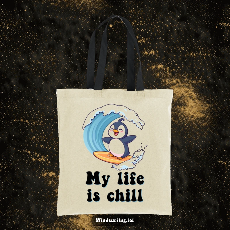 Funny penguin laughing on a surfboard as a wave approaches, depicted on a tote bag for a humorous and practical accessory.