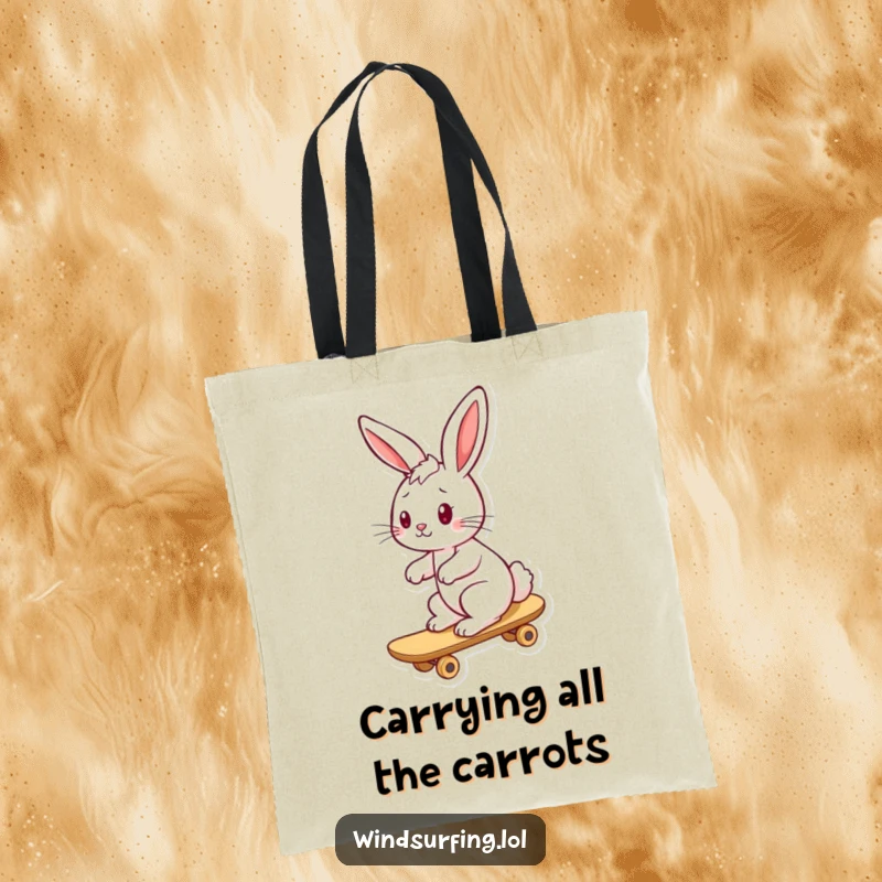 Funny bunny tote bag with a playful bunny riding a board, ears flapping in the wind, great for daily use.
