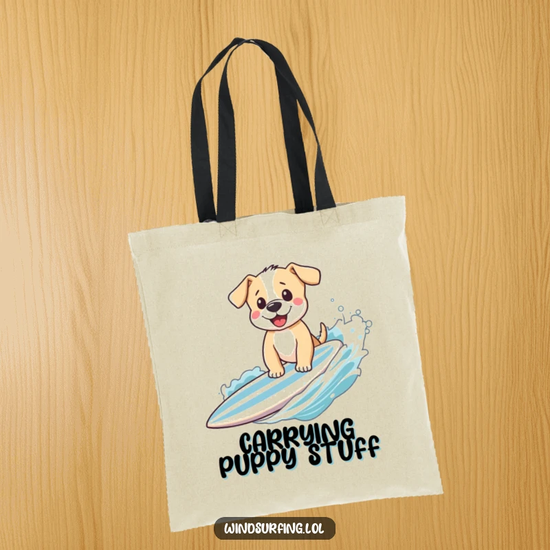 Funny puppy waving from a fast surfboard, printed on a sturdy tote bag, perfect for carrying essentials with adorable, humorous flair.