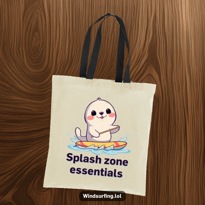 Funny Seal Windsurfing Tote Bag: A smiling seal splashes water while windsurfing, a humorous and practical accessory.