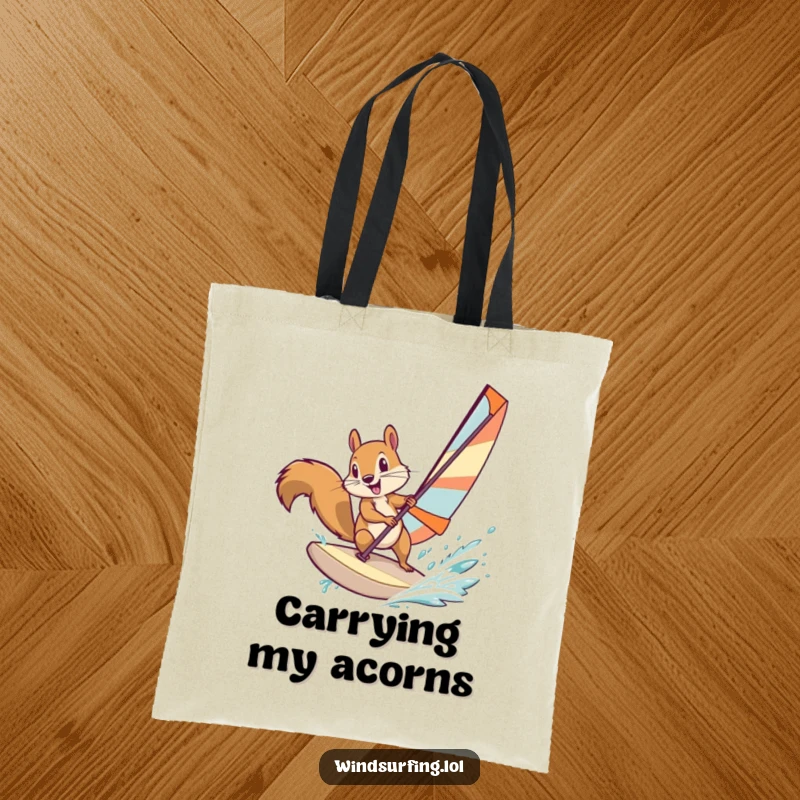 Funny squirrel windsurfing, showing focus and flair, on a practical tote bag, ideal for shopping and daily commutes.