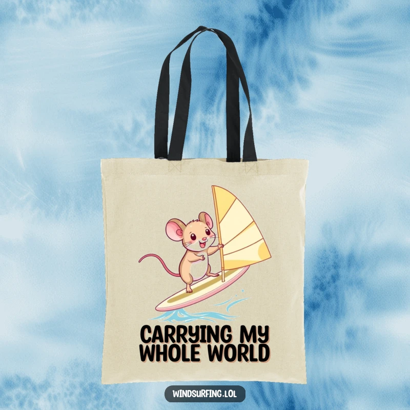 Funny Tote Bag: A squealing mouse balances shakily on a windsurfing board, a humorous depiction of extreme water sports.