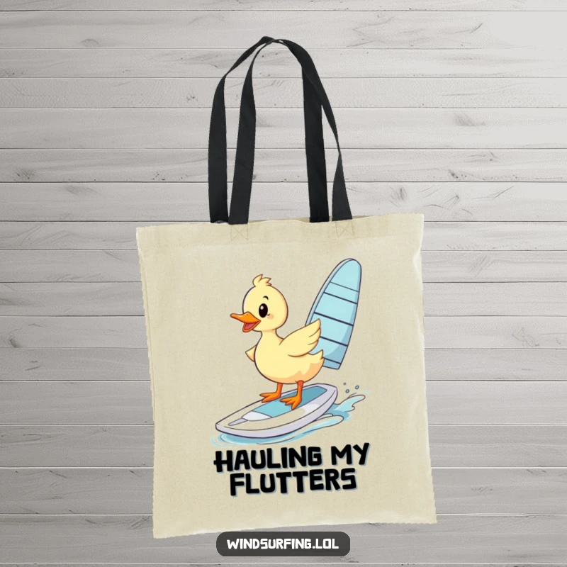 Funny Tote Bag: A duck struggles to balance on a windsurfing board, a funny accessory for carrying your items.