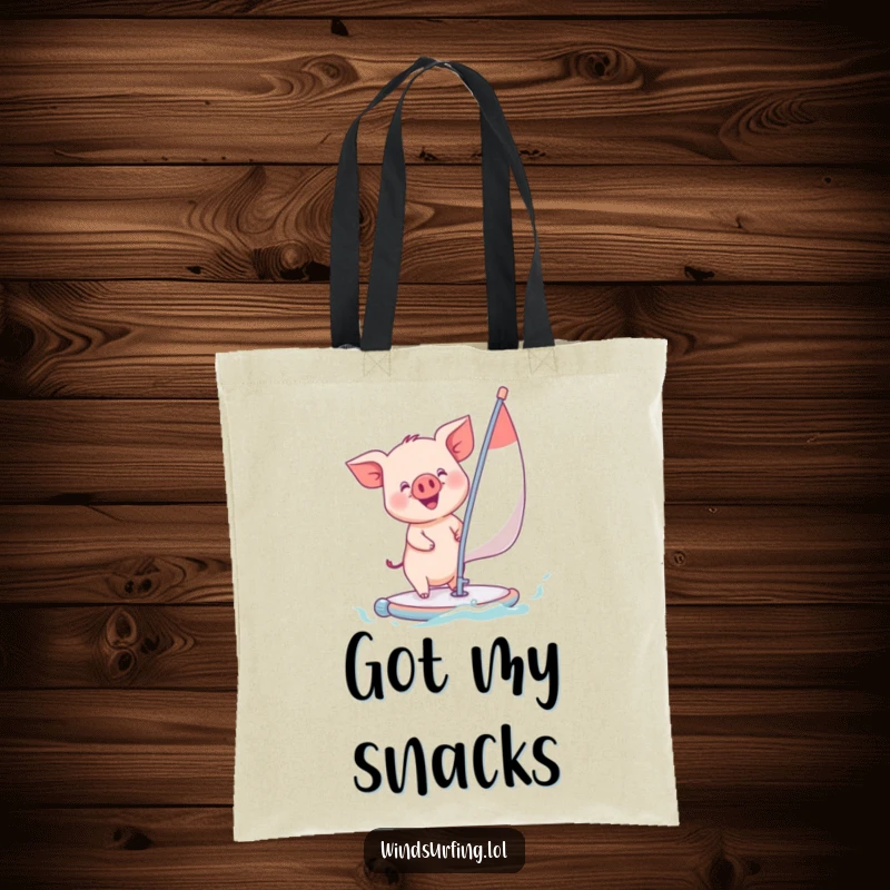 Funny piglet windsurfing with a joyful expression, printed on a durable tote bag, ideal for carrying items with cute humor.
