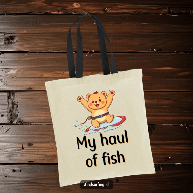Funny tote bag showing a happy bear windsurfing with arms waving, perfect for carrying beach essentials or daily items.