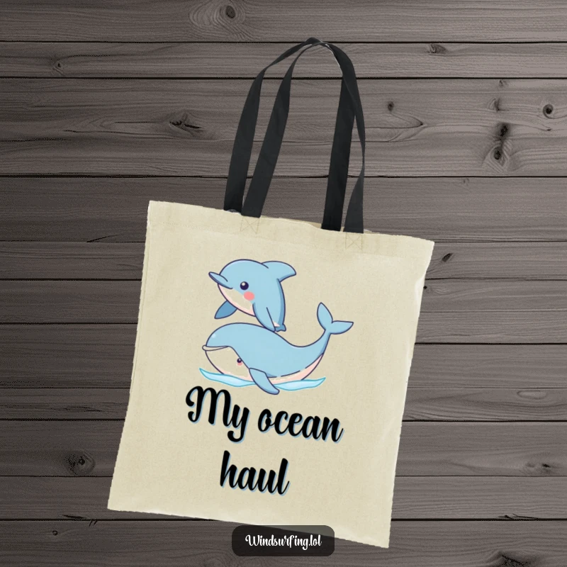 Funny Dolphin and Whale Tote Bag with a proud dolphin sailing past a cute whale. A practical and humorous accessory for everyday use.